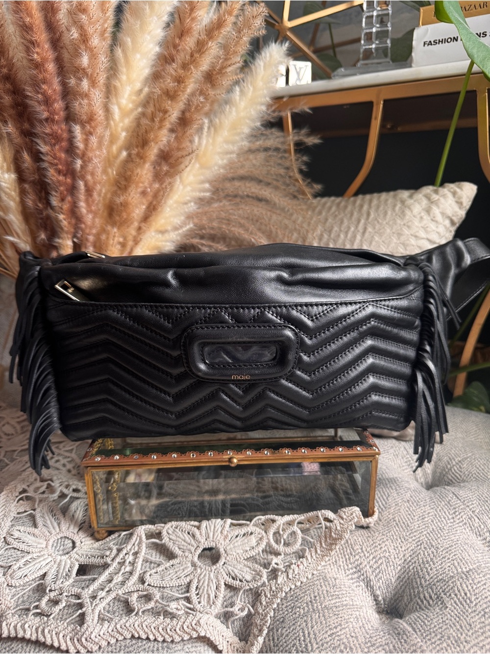 Maje Black Quilted Leather Crossbody Belt Bag with Fringe